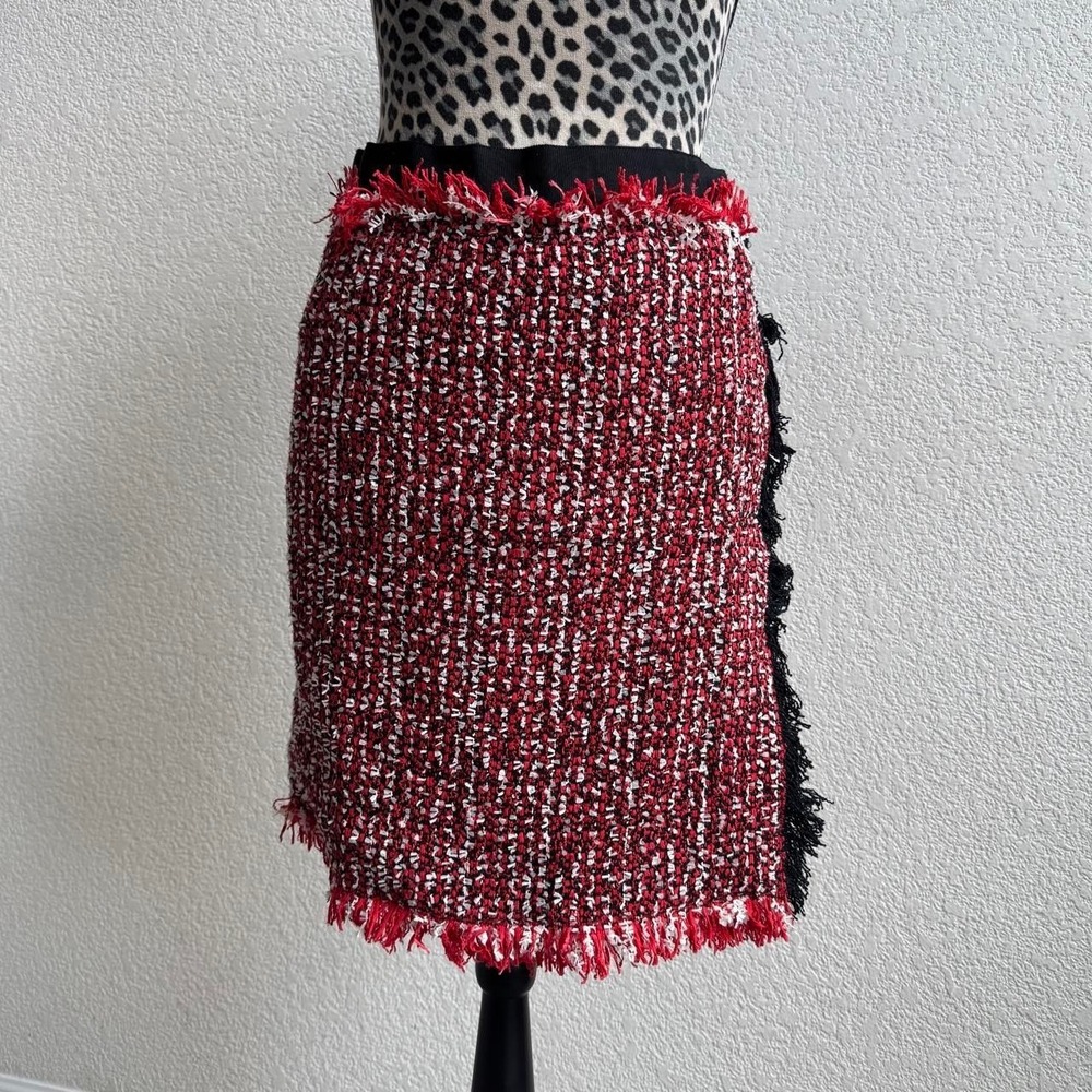 Lanvin Paris red, white, and black tweed skirt with fringe detailing